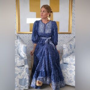 Marea By Liz Joy House Dress Delft Blue Block Print Maxi Size Small